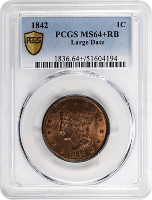 image for: 1842 Braided Hair Cent. N-6, 10. Rarity-1. Large Date. MS-64+ RB (PCGS).