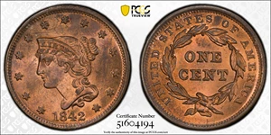 image for: 1842 Braided Hair Cent. N-6, 10. Rarity-1. Large Date. MS-64+ RB (PCGS).