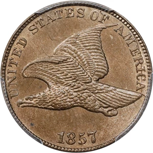 image for: 1857 Flying Eagle Cent. Type of 1857. Snow-9, FS-402. Obverse Die Clash with Liberty Seated Half Dollar Die. MS-64 (PCGS). CAC.