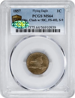 image for: 1857 Flying Eagle Cent. Type of 1857. Snow-9, FS-402. Obverse Die Clash with Liberty Seated Half Dollar Die. MS-64 (PCGS). CAC.