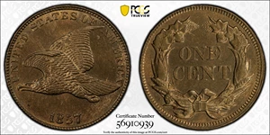 image for: 1857 Flying Eagle Cent. Type of 1857. Snow-9, FS-402. Obverse Die Clash with Liberty Seated Half Dollar Die. MS-64 (PCGS). CAC.