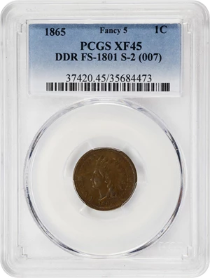 image for: 1865 Indian Cent. Fancy 5. Snow-2b, FS-1801. Doubled Die Reverse. EF-45 (PCGS).