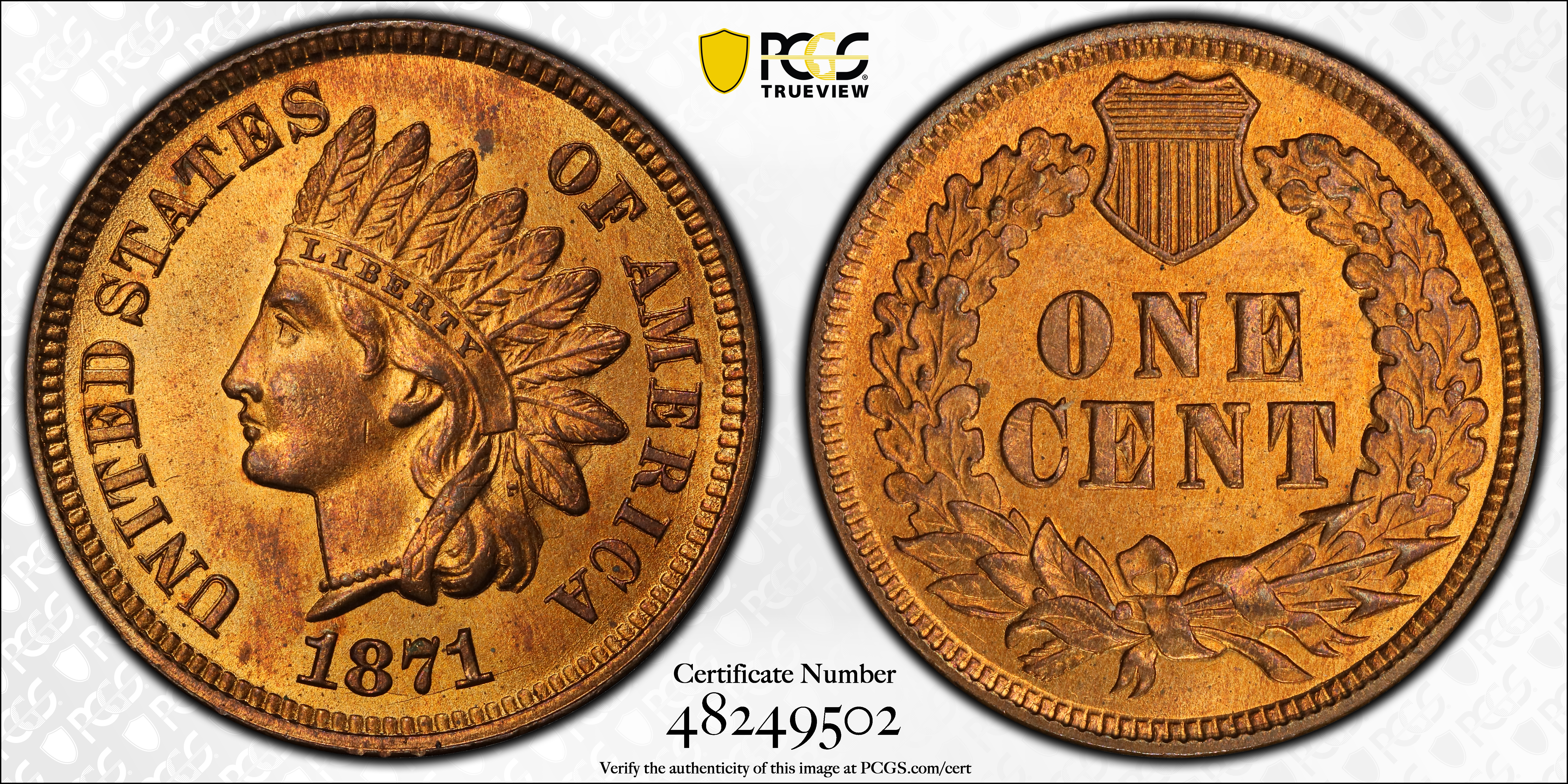 image for: 1871 Indian Cent. Bold N. MS-65 RD (PCGS).