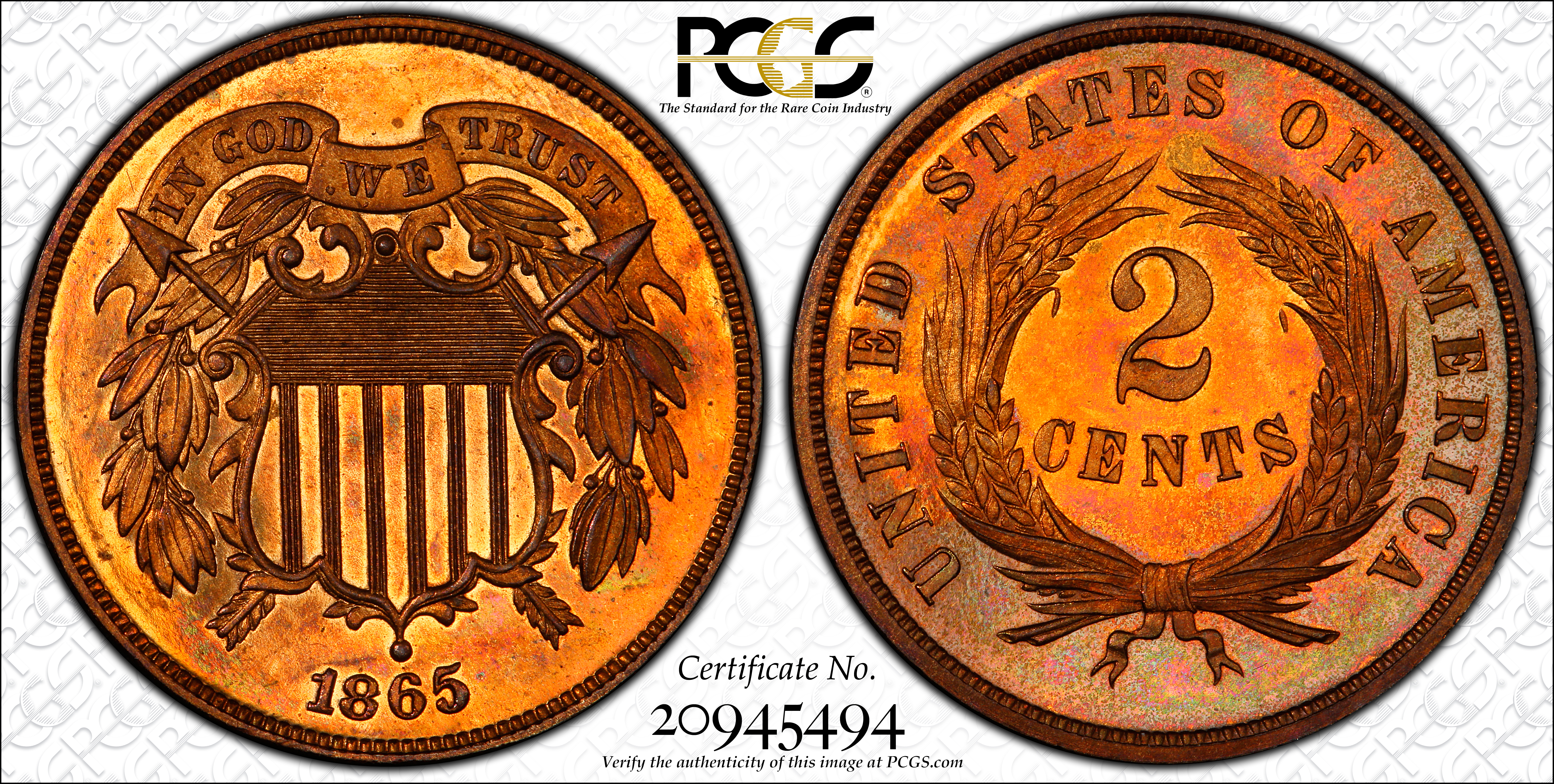 image for: 1865 Two-Cent Piece. Plain 5. Proof-66 RD (PCGS).