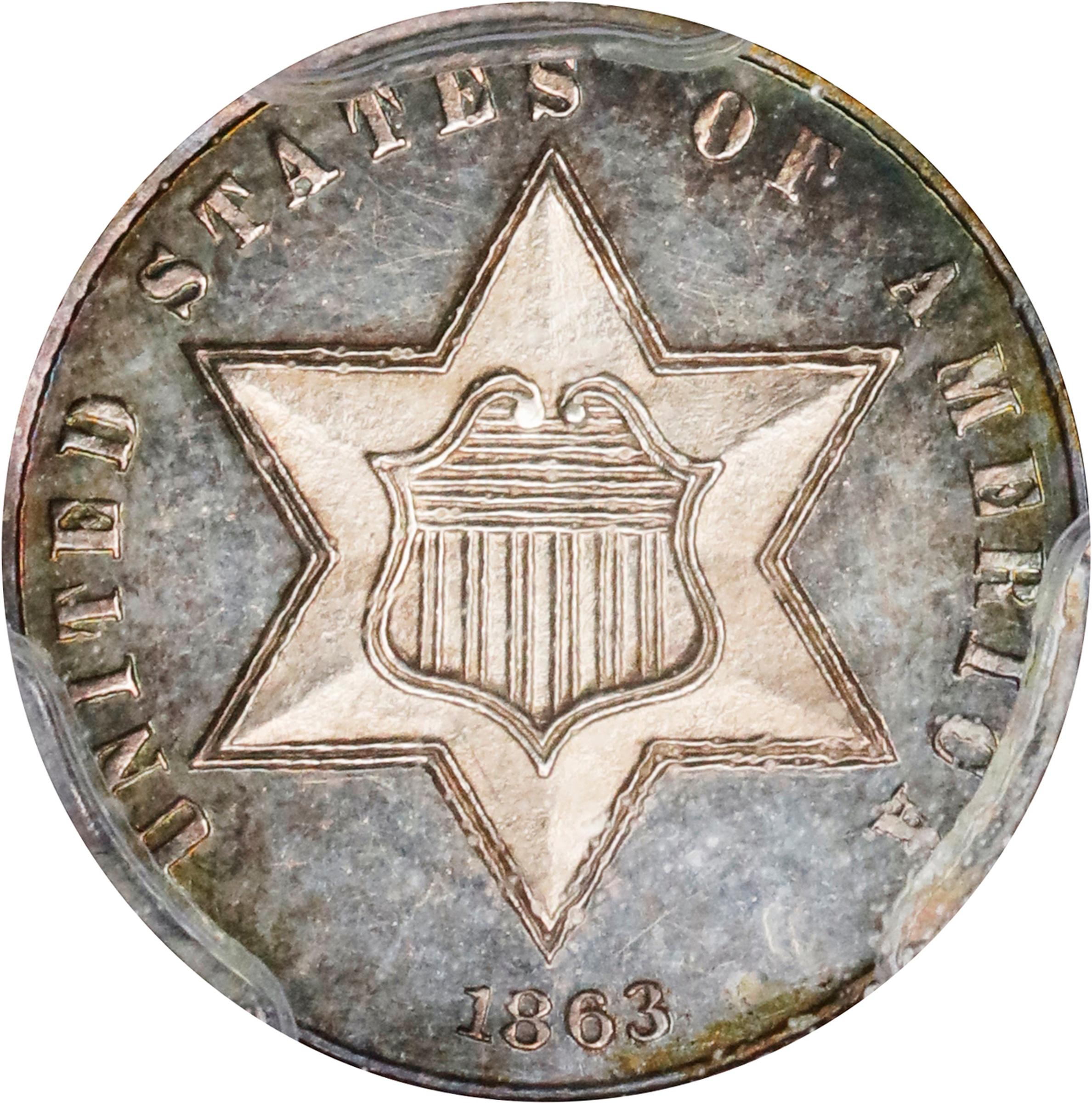 image for: 1863 Silver Three-Cent Piece. Proof-64 Cameo (PCGS). CAC.