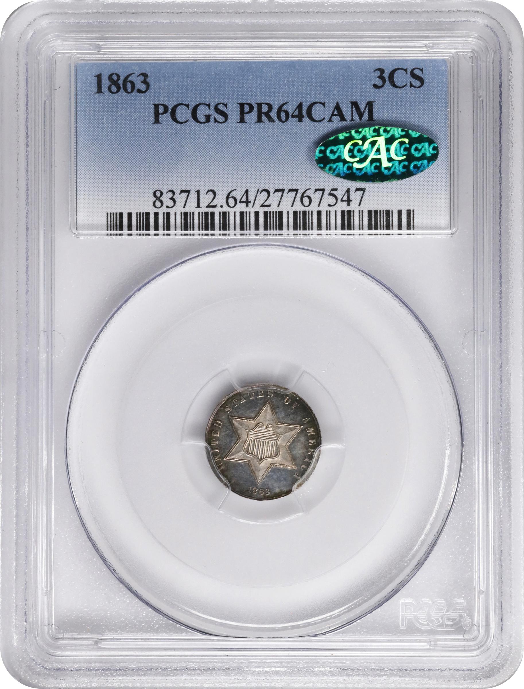 image for: 1863 Silver Three-Cent Piece. Proof-64 Cameo (PCGS). CAC.