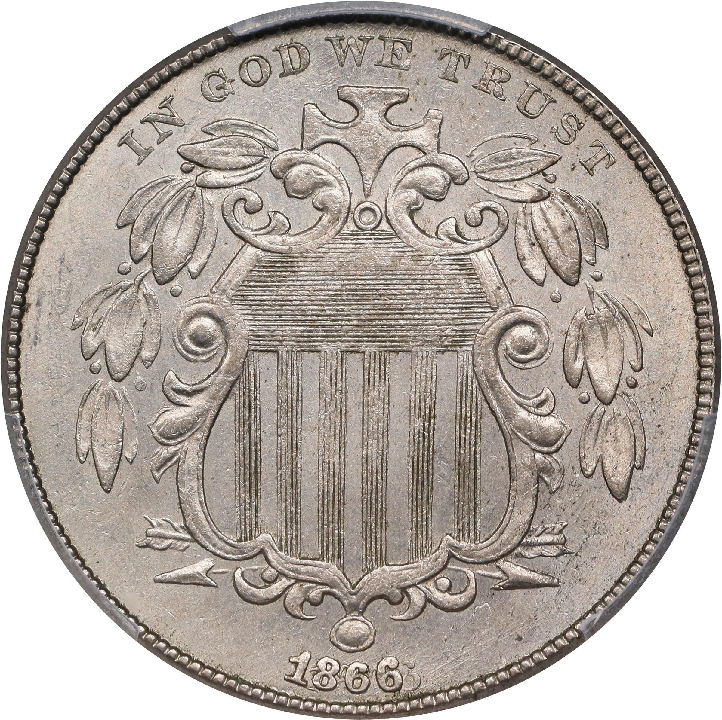 image for: 1866/1866 Shield Nickel. Rays. FS-302. Repunched Date. MS-64 (PCGS). CAC.