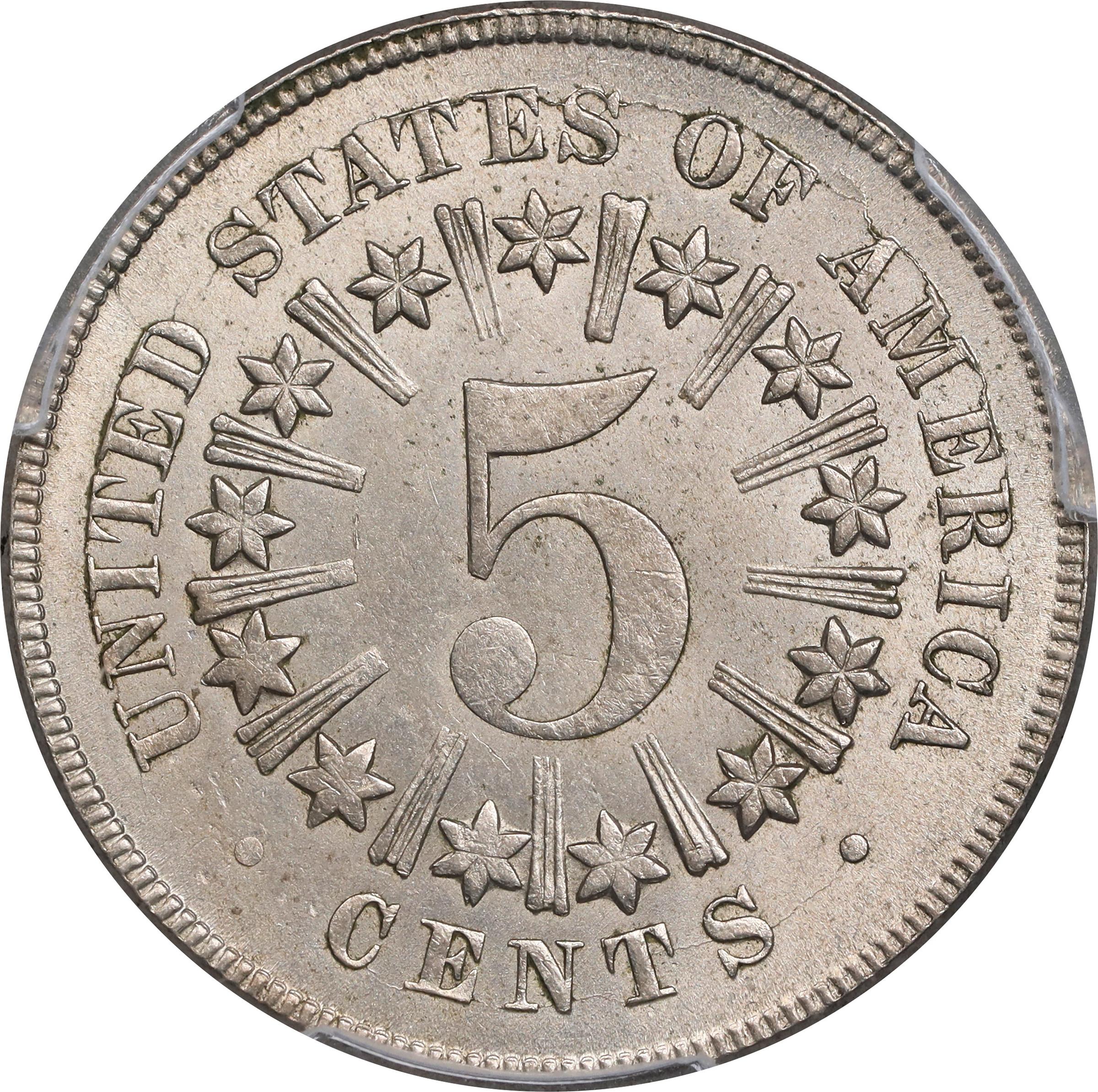 image for: 1866/1866 Shield Nickel. Rays. FS-302. Repunched Date. MS-64 (PCGS). CAC.