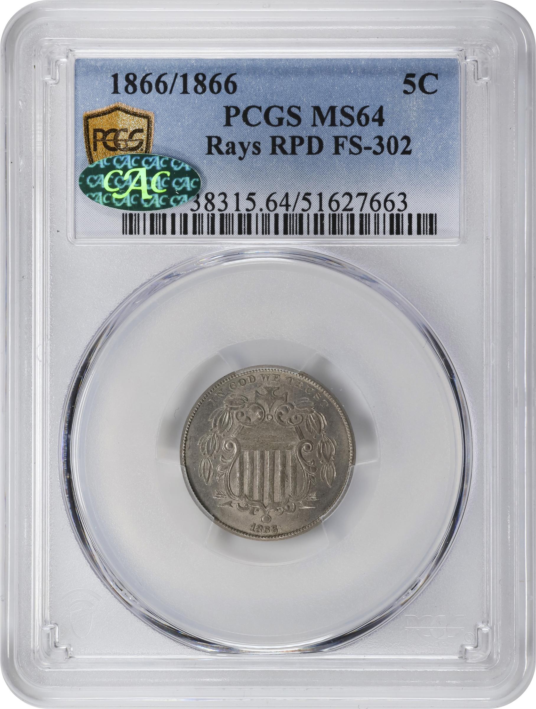 image for: 1866/1866 Shield Nickel. Rays. FS-302. Repunched Date. MS-64 (PCGS). CAC.