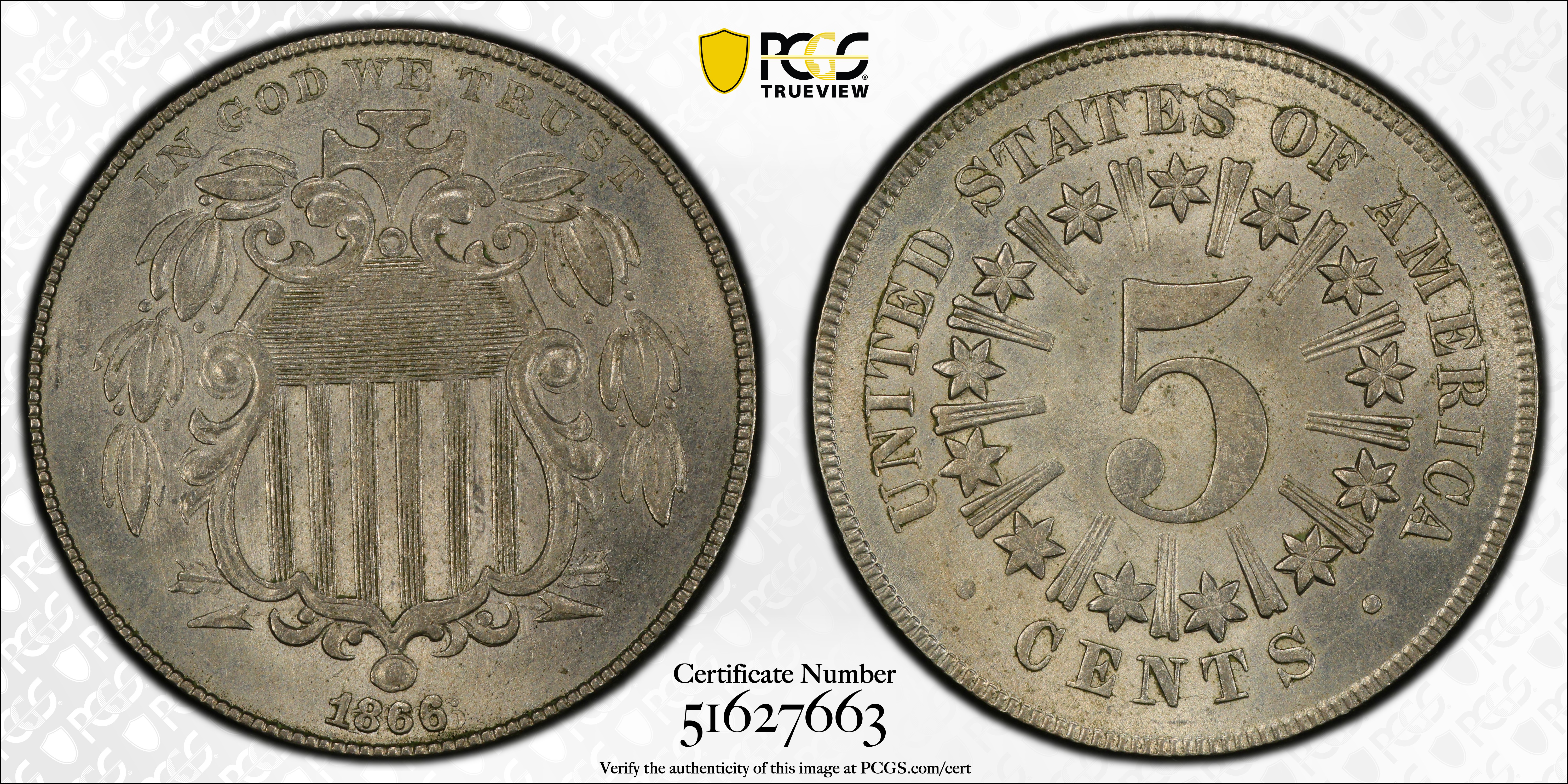 image for: 1866/1866 Shield Nickel. Rays. FS-302. Repunched Date. MS-64 (PCGS). CAC.