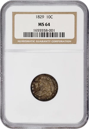 image for: 1829 Capped Bust Dime. JR-8. Rarity-4. Small 10 C. MS-64 (NGC).