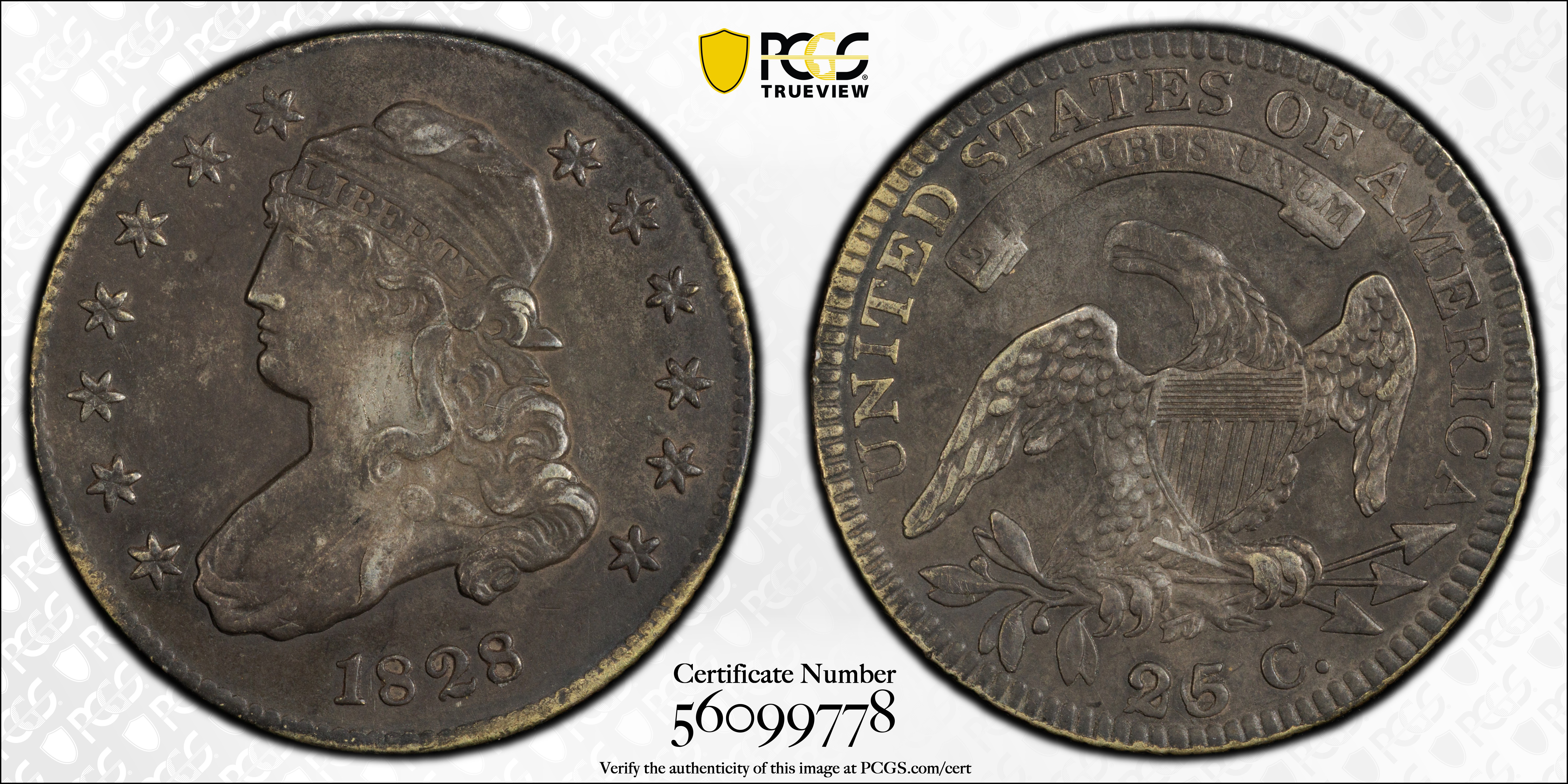 image for: 1828 Capped Bust Quarter. B-3. Rarity-4+. 25/50 C. AU Details--Cleaned (PCGS).