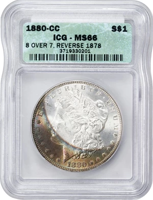 image for: 1880-CC Morgan Silver Dollar. VAM-7. Hit List 40. 8/7, Reverse of 1878. MS-66 (ICG).