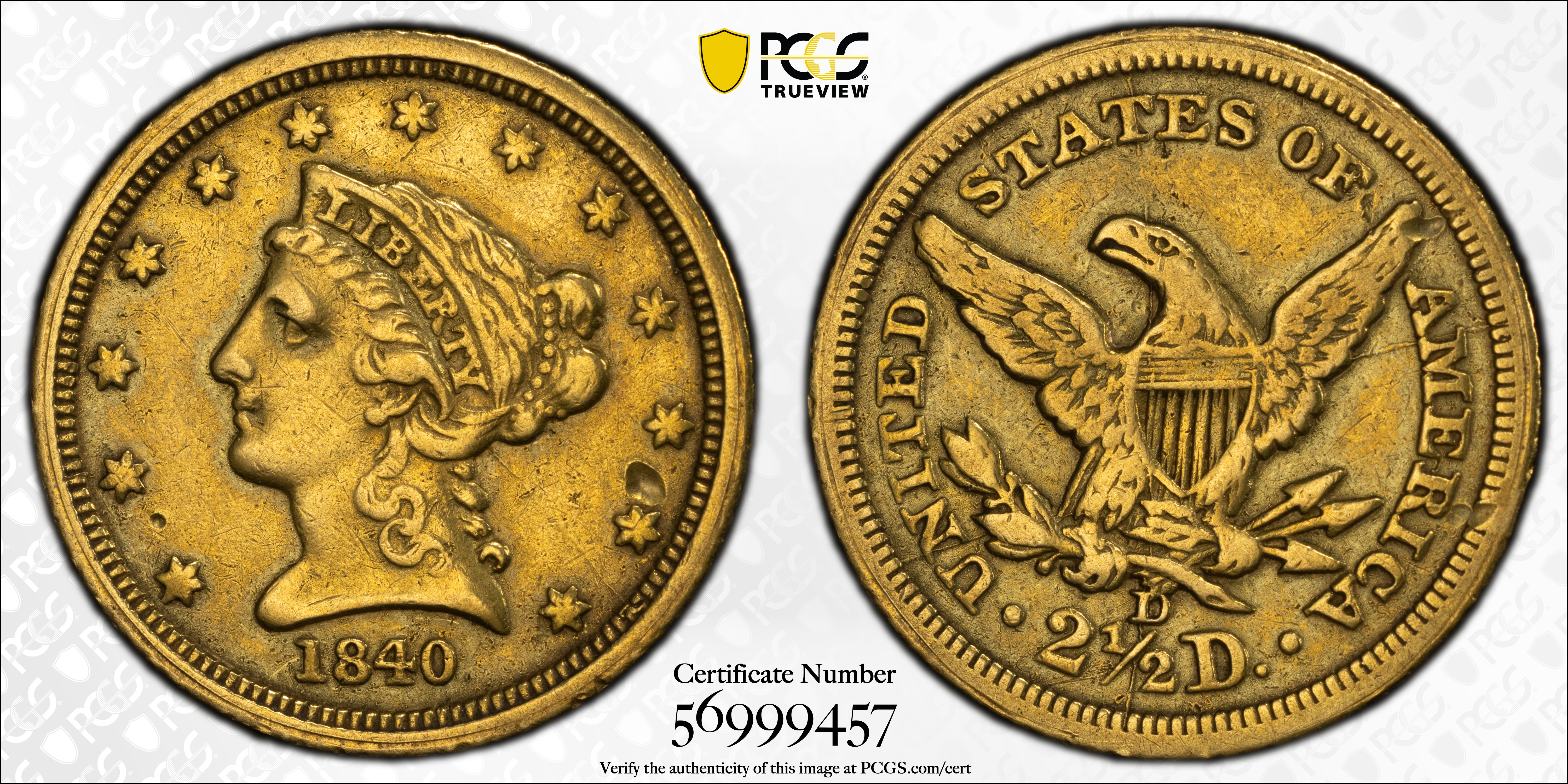 image for: 1840-D Liberty Head Quarter Eagle. Winter 1-A. EF Details--Damage (PCGS).