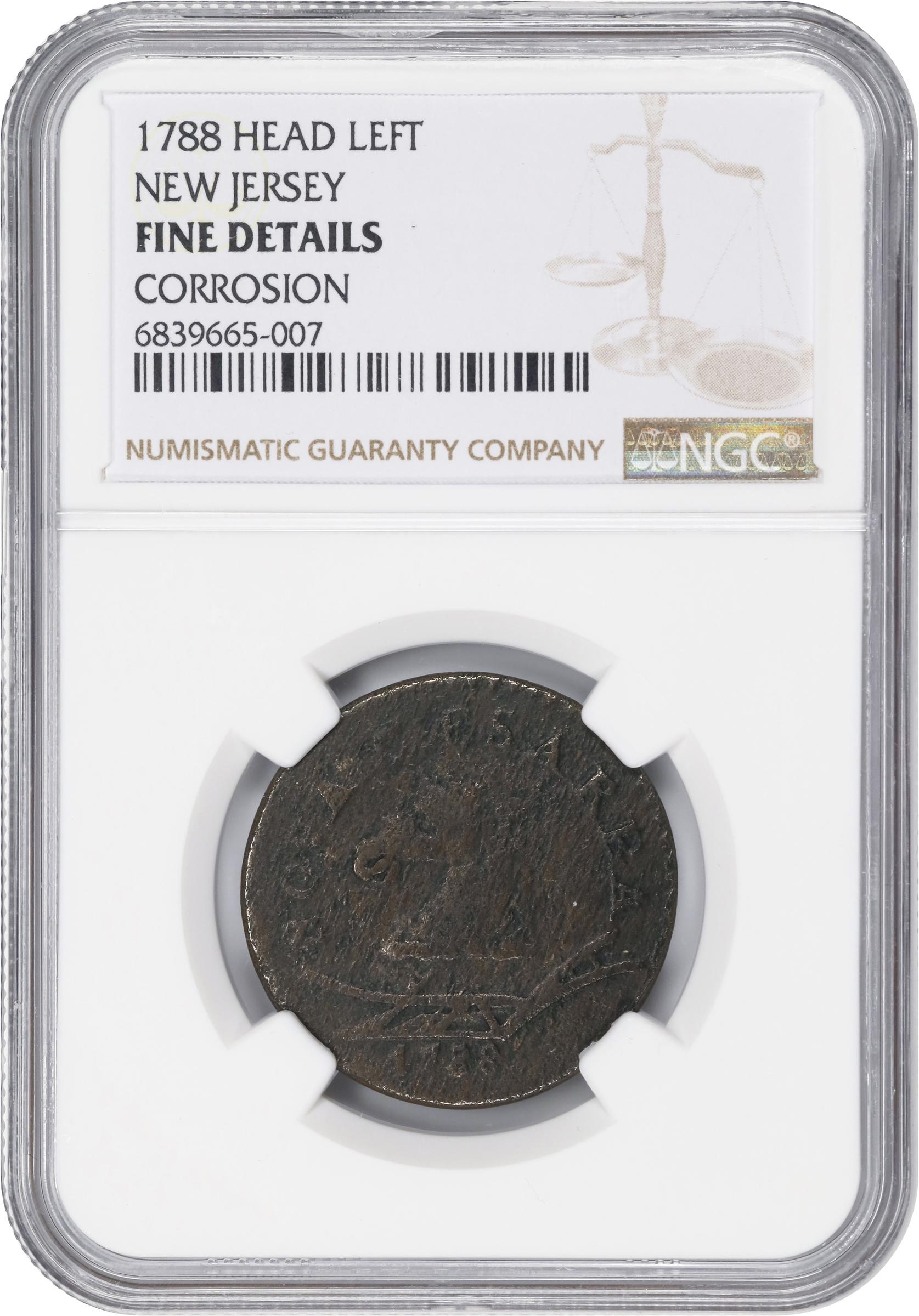 image for: 1788 New Jersey Copper. Maris 50-f, W-5475. Rarity-3. Head Left. Fine Details--Corrosion (NGC).