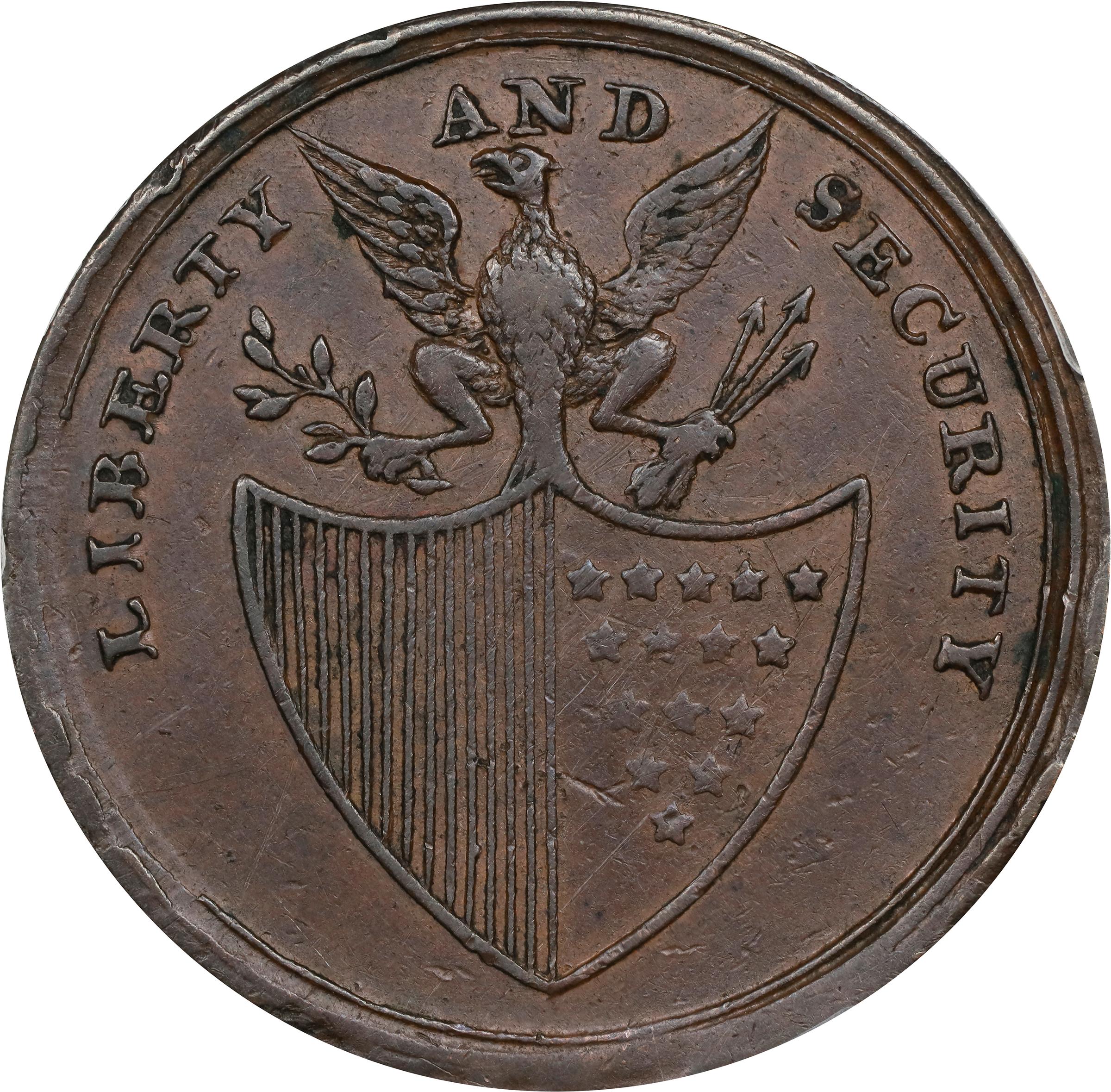 image for: Undated (1795) Washington Liberty and Security Penny. Musante GW-45, Baker-30, W-11050. Copper. ASYLUM Edge. EF Details--Scratch (PCGS).