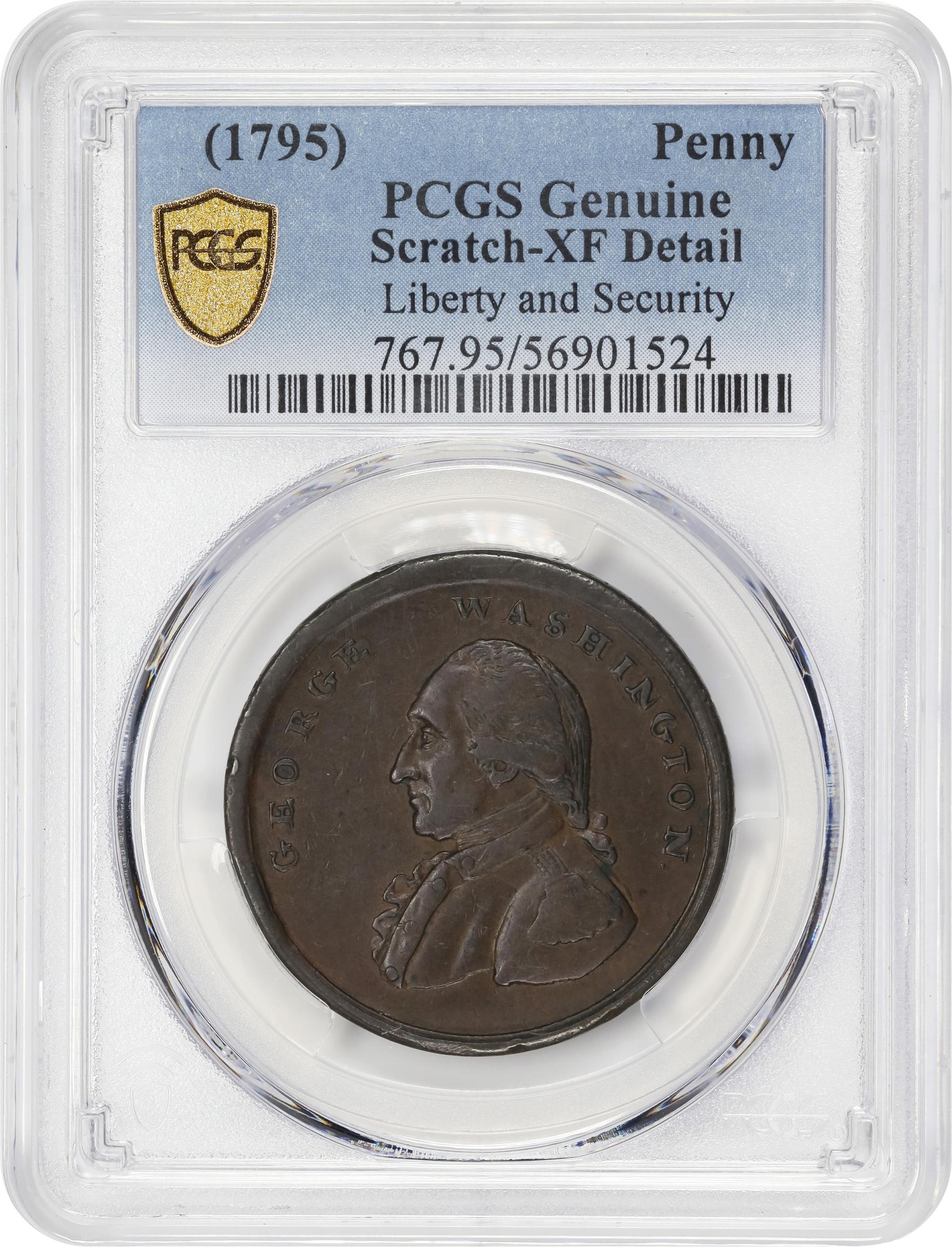 image for: Undated (1795) Washington Liberty and Security Penny. Musante GW-45, Baker-30, W-11050. Copper. ASYLUM Edge. EF Details--Scratch (PCGS).