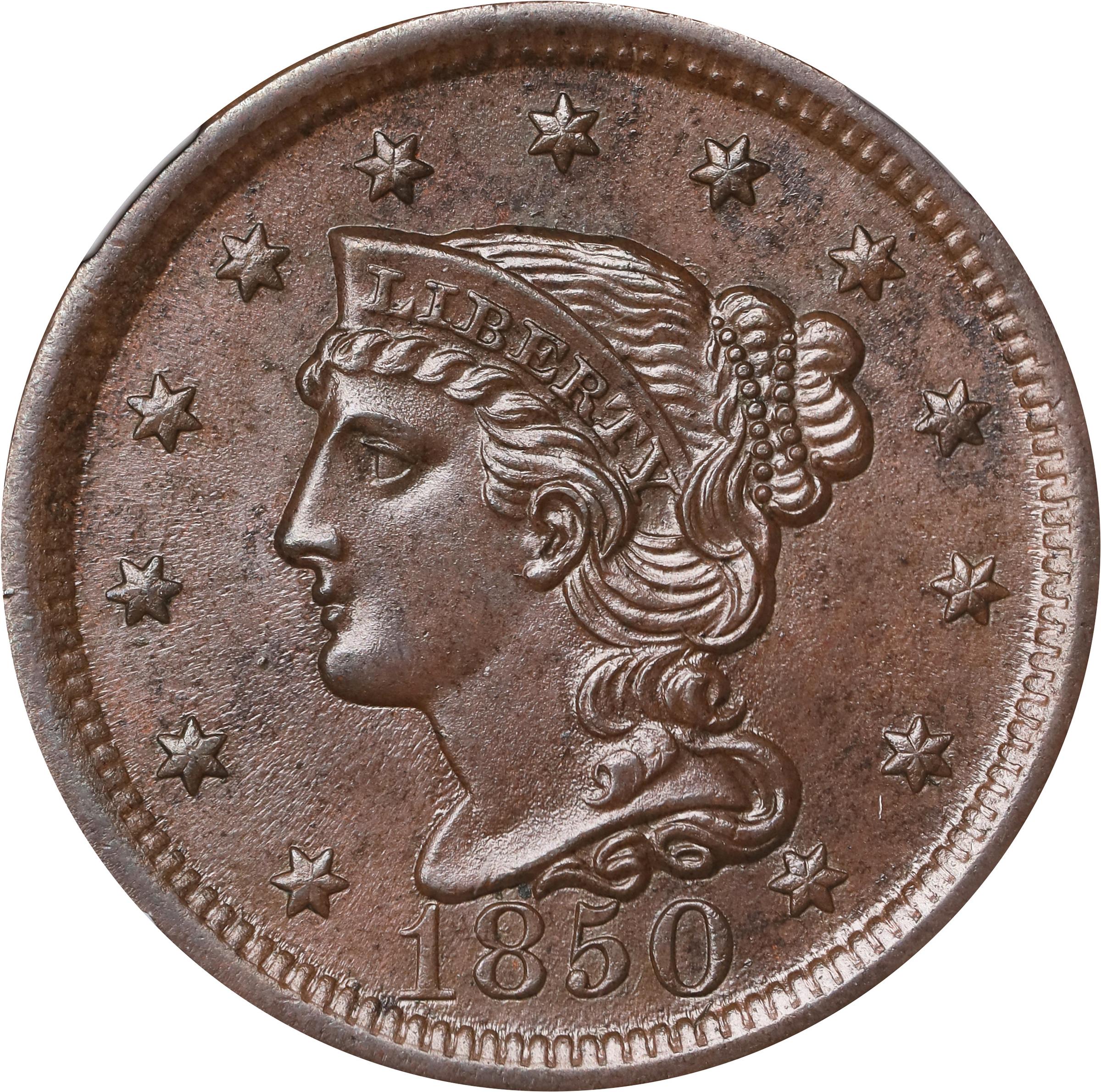 image for: 1850 Braided Hair Cent. N-7. Rarity-2. MS-64 BN (NGC).