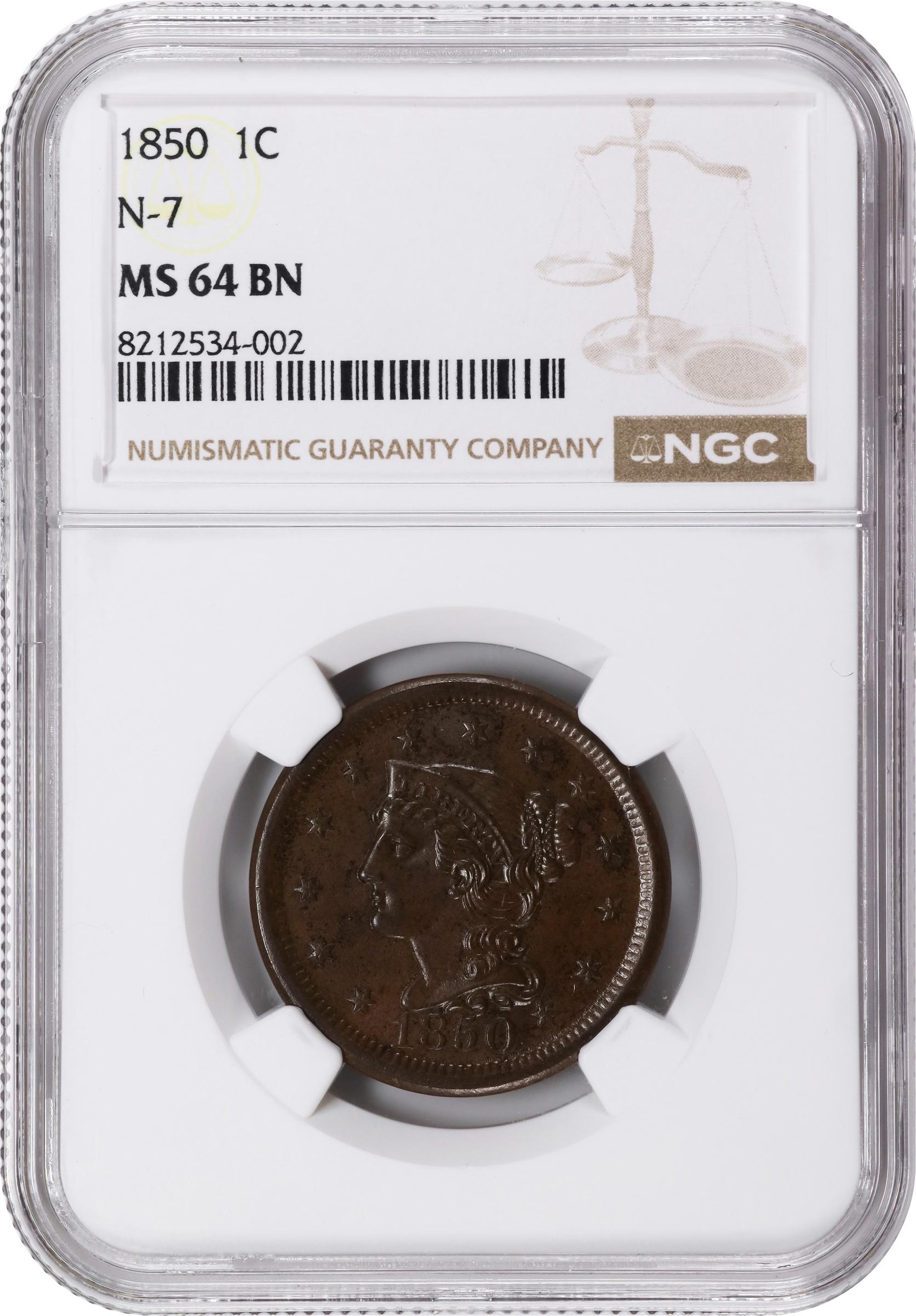 image for: 1850 Braided Hair Cent. N-7. Rarity-2. MS-64 BN (NGC).