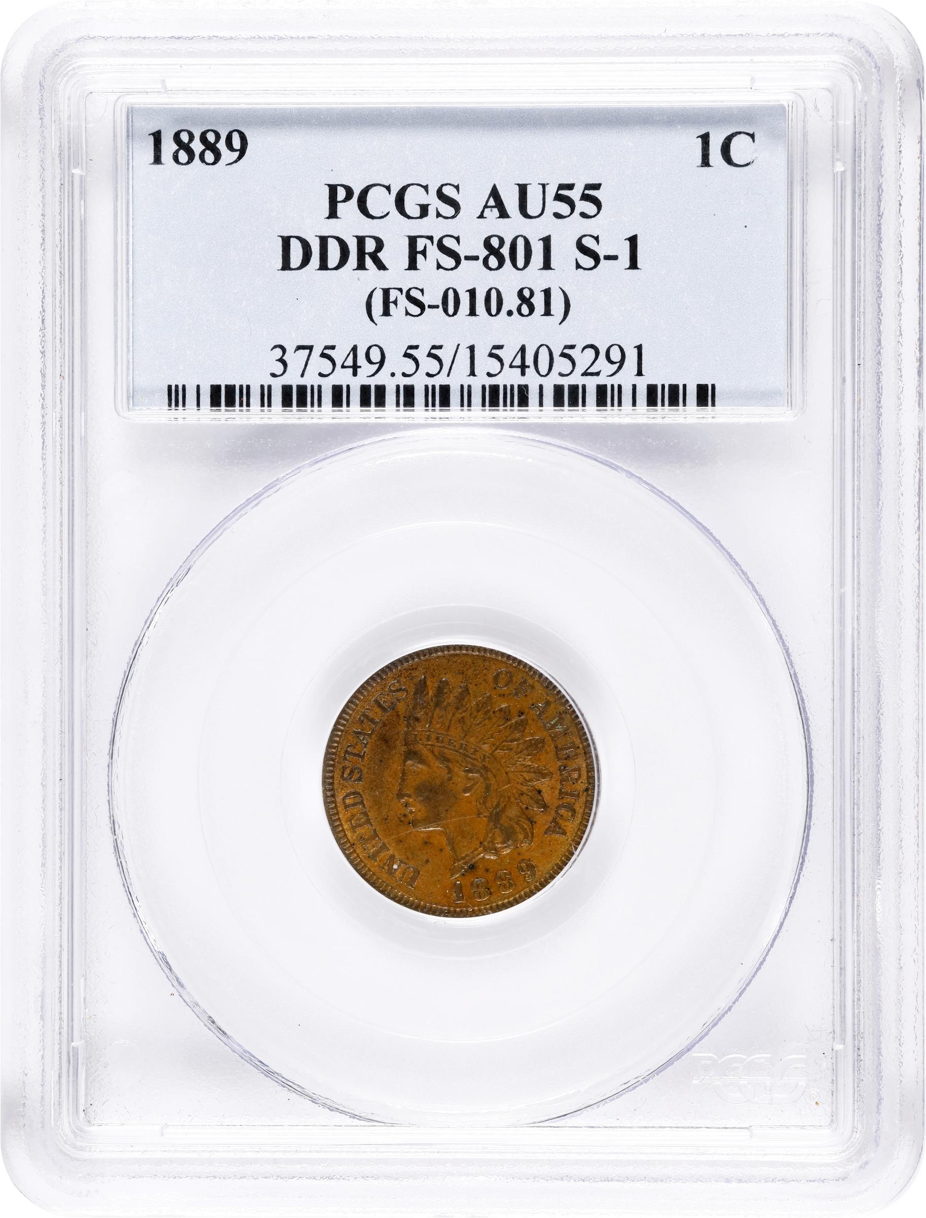 image for: 1889 Indian Cent. Snow-1, FS-801. Doubled Die Reverse. AU-55 (PCGS).