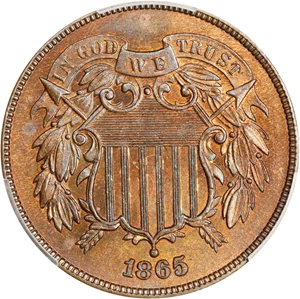 image for: 1865 Two-Cent Piece. Plain 5. MS-64 BN (PCGS).
