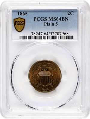 image for: 1865 Two-Cent Piece. Plain 5. MS-64 BN (PCGS).