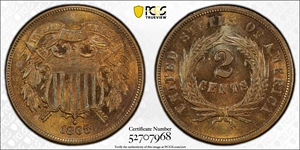 image for: 1865 Two-Cent Piece. Plain 5. MS-64 BN (PCGS).