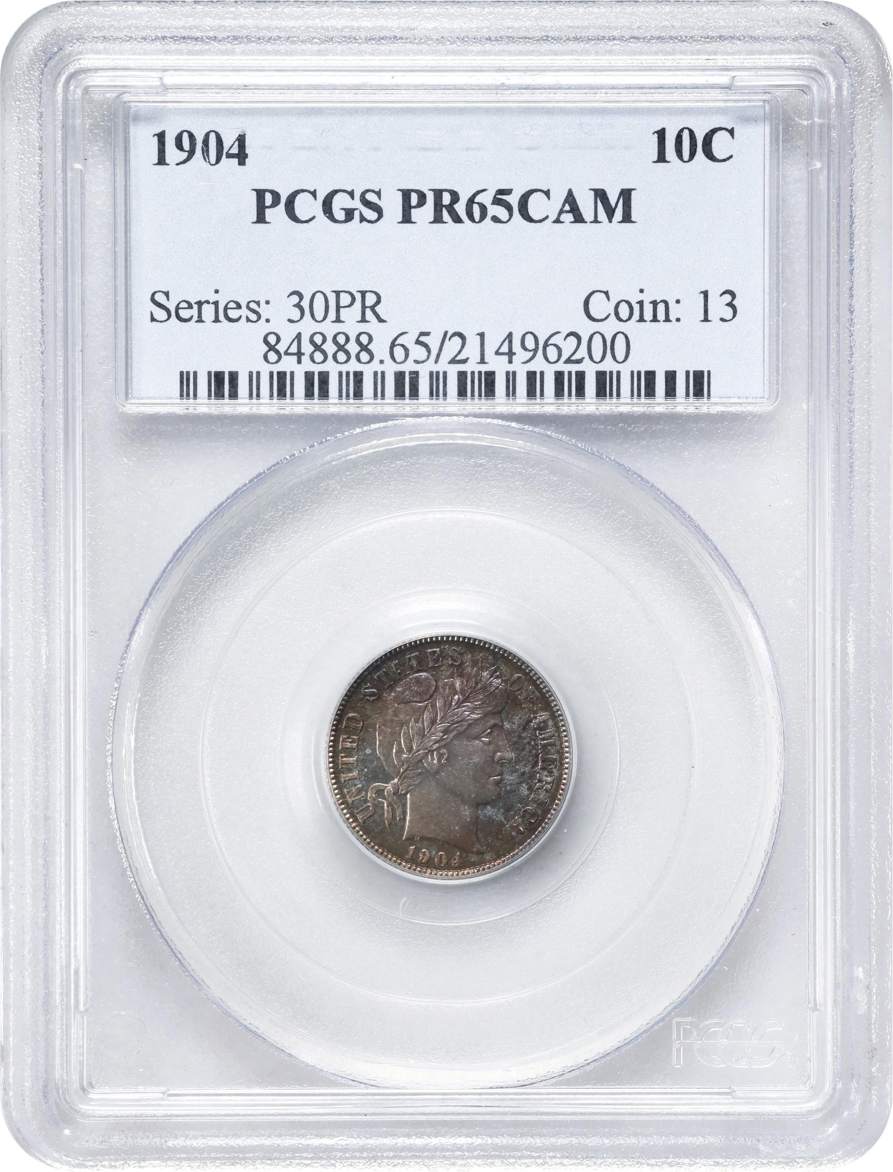 image for: 1904 Barber Dime. Proof-65 Cameo (PCGS).