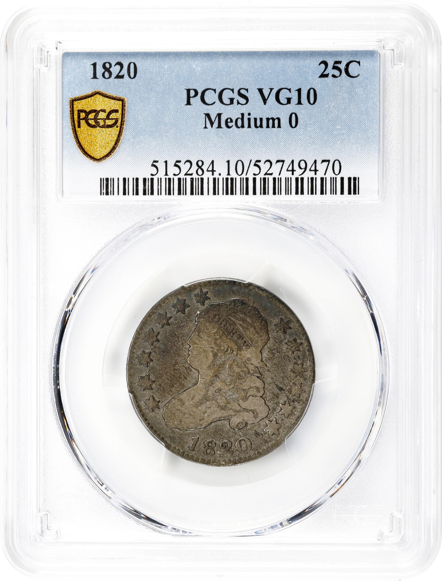 image for: 1820 Capped Bust Quarter. B-3. Rarity-3. Medium 0. VG-10 (PCGS).