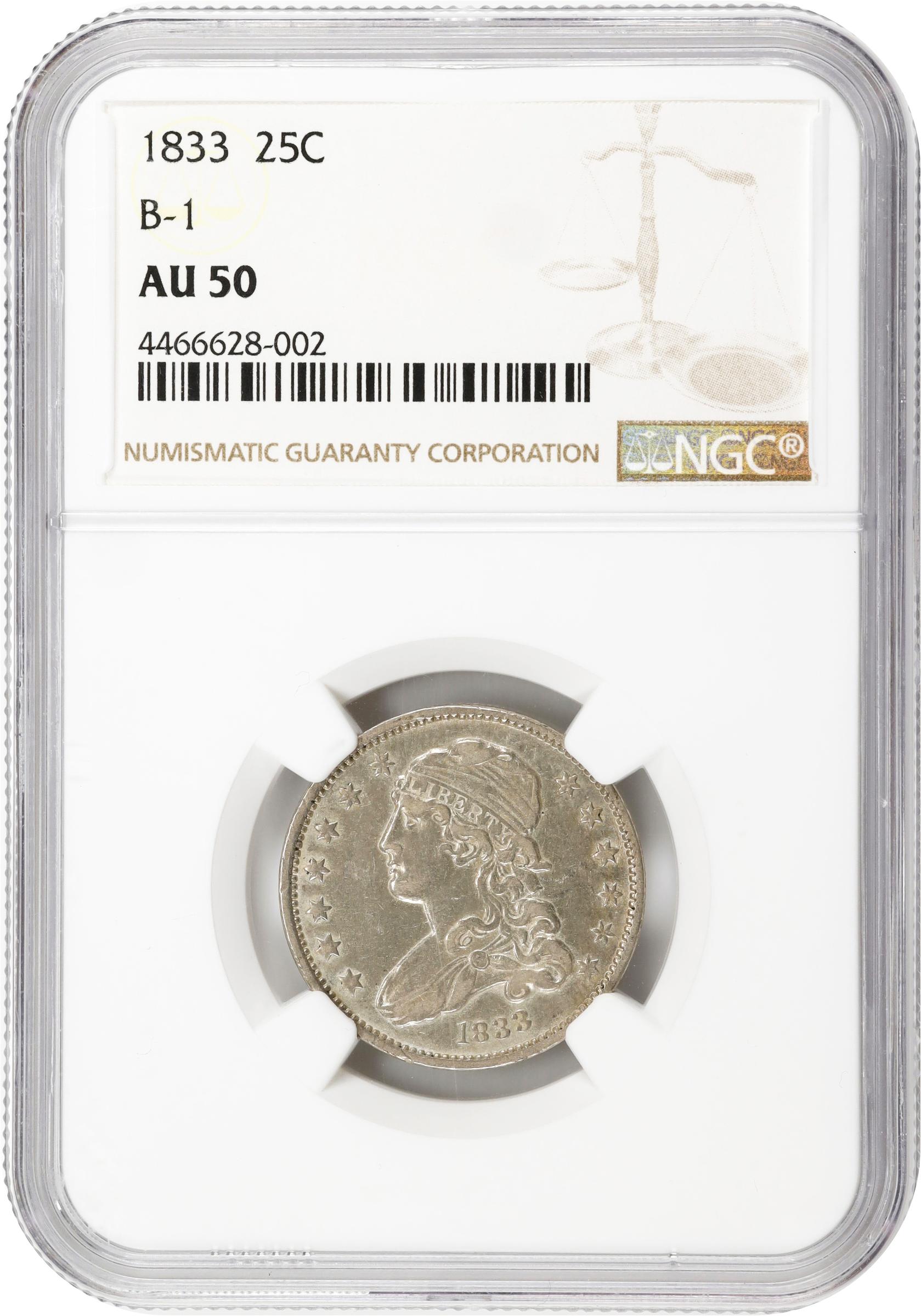 image for: 1833 Capped Bust Quarter. B-1. Rarity-2. AU-50 (NGC).