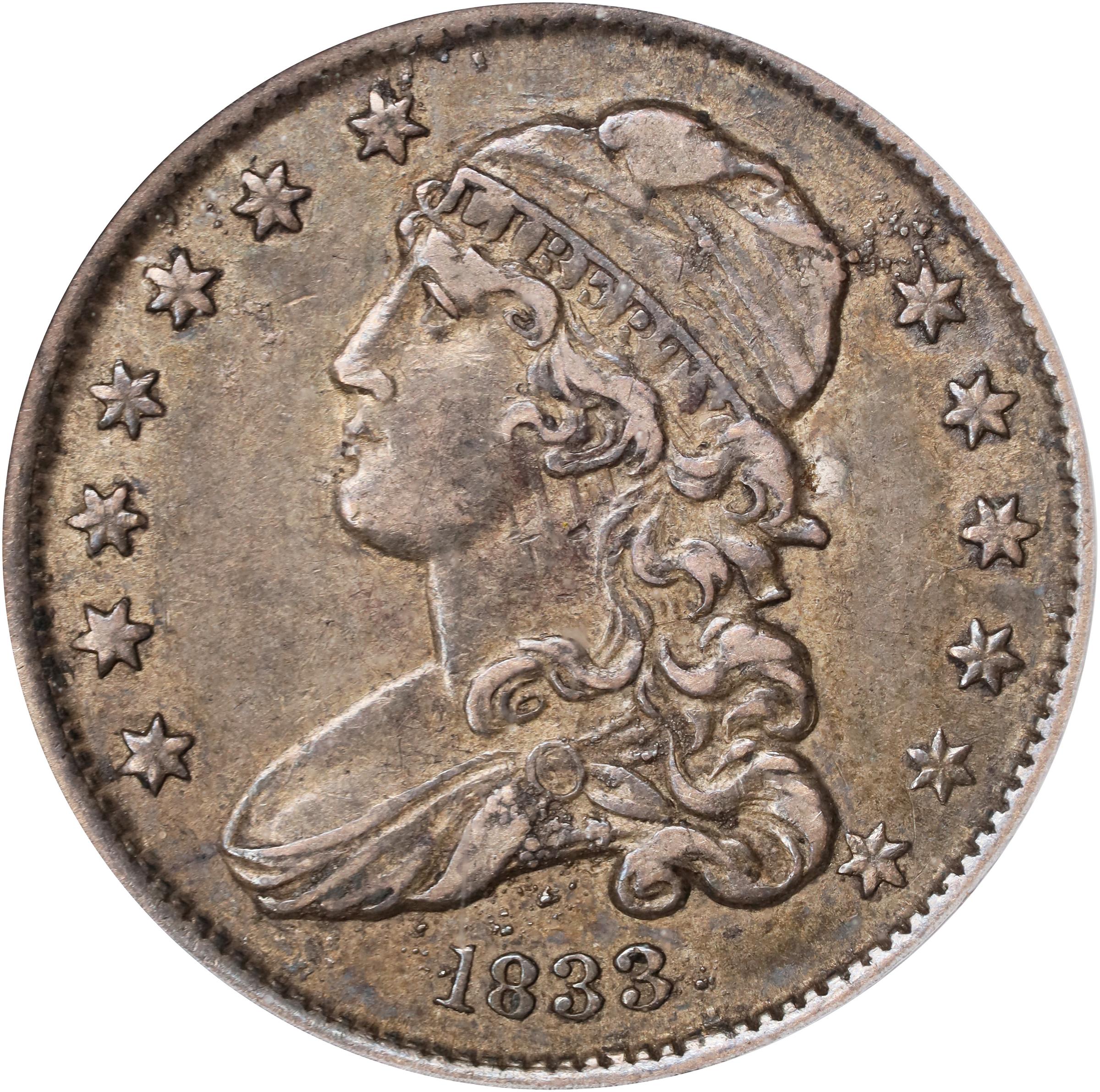 image for: 1833 Capped Bust Quarter. B-2, FS-901. Rarity-3. Repunched Reverse Letters. AU-50 (PCGS). CAC.