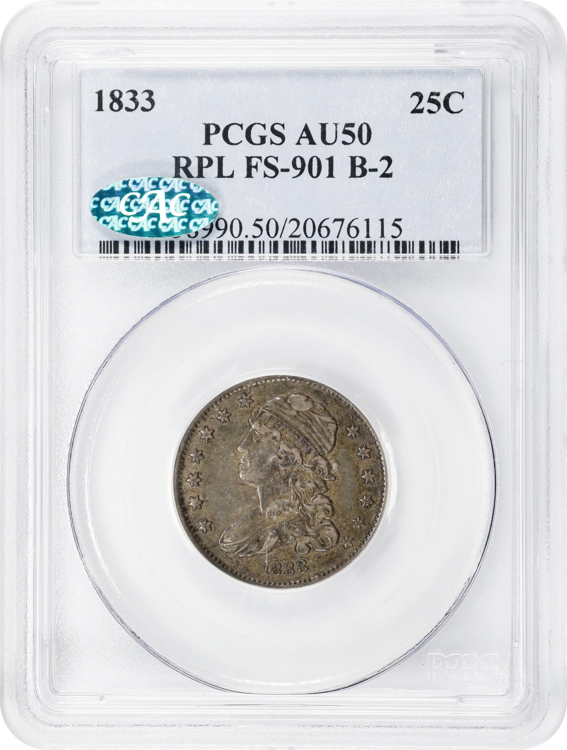 image for: 1833 Capped Bust Quarter. B-2, FS-901. Rarity-3. Repunched Reverse Letters. AU-50 (PCGS). CAC.