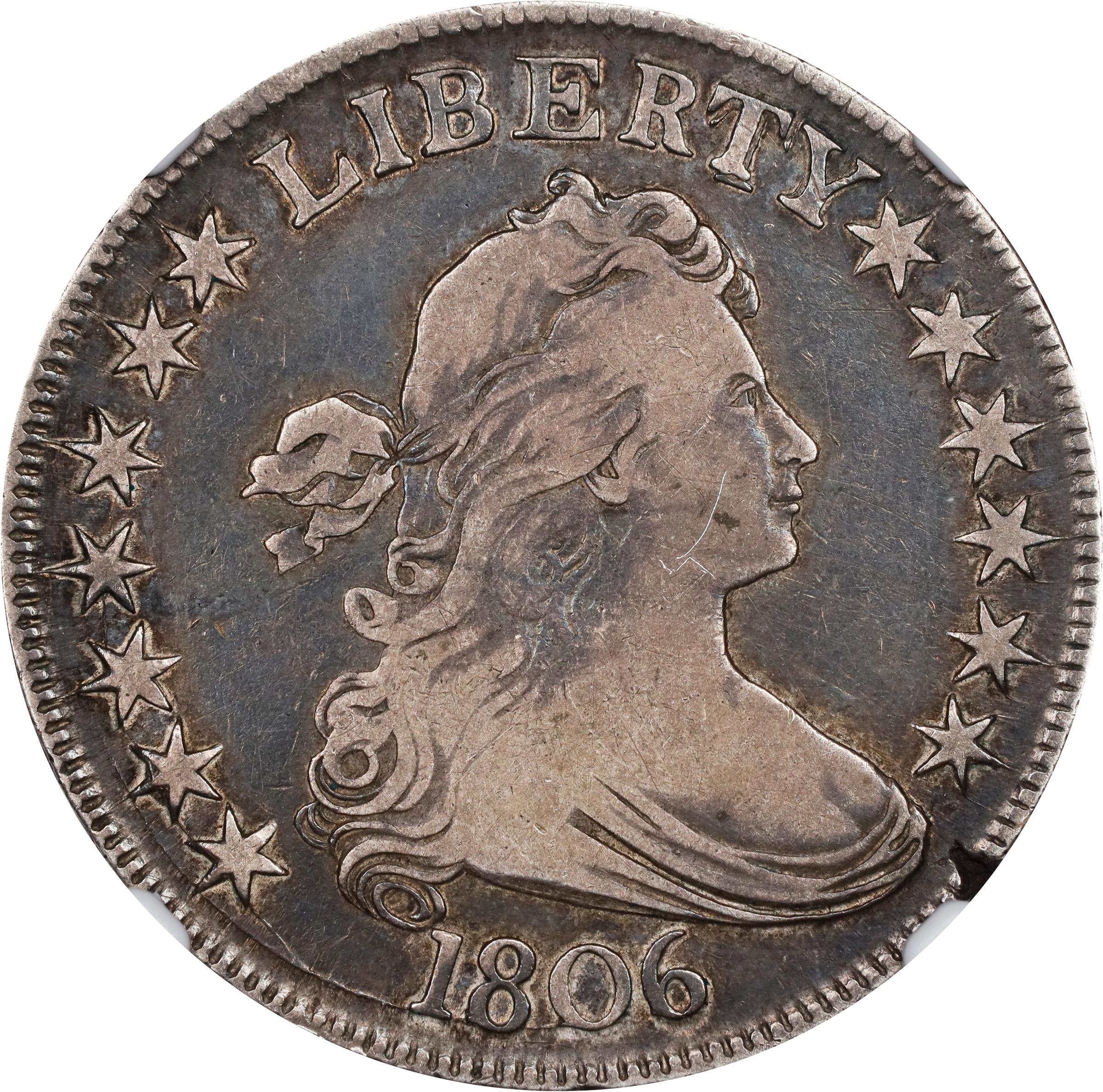 1806 Draped Bust Half Dollar. O-115a, T-17. Rarity-1. Pointed 6, Stem Through Claw. VF-20 (NGC).