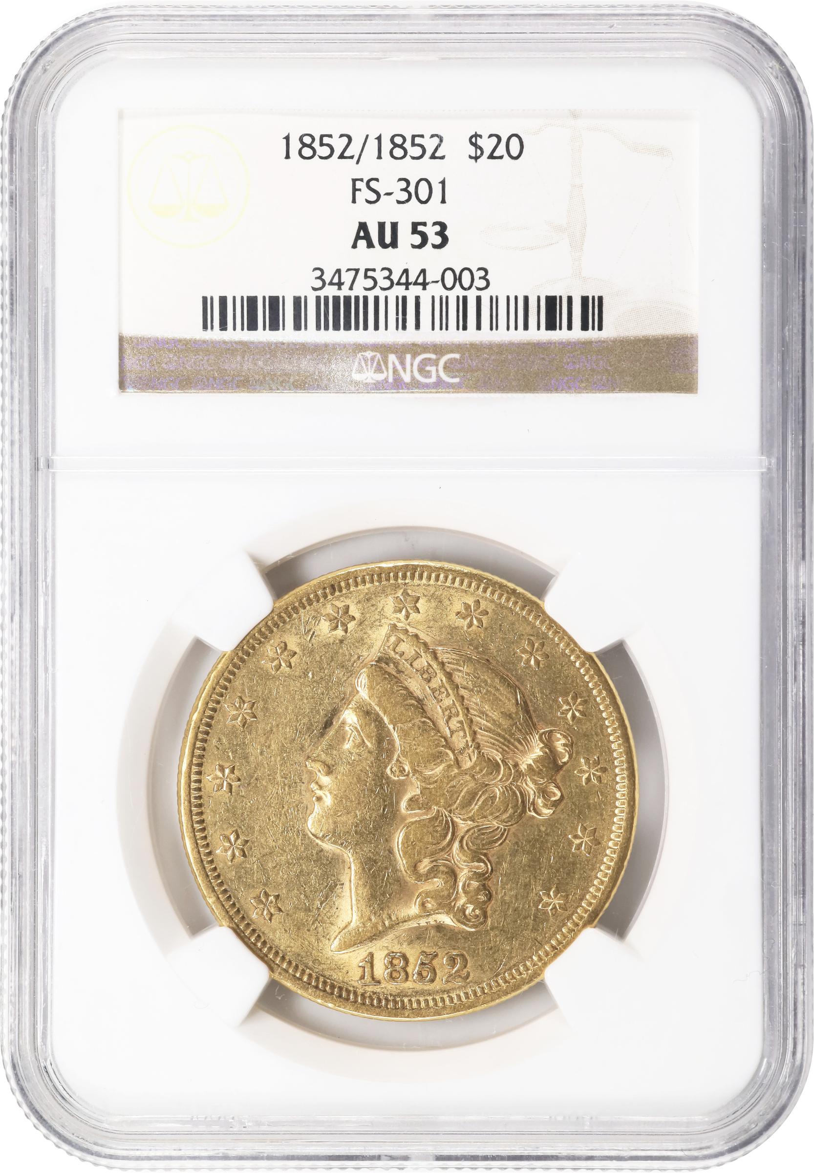 image for: 1852/1852 Liberty Head Double Eagle. FS-301. Repunched Date. AU-53 (NGC).
