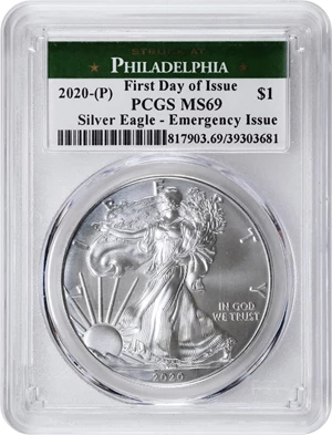 image for: 2020-(P) Silver Eagle. Emergency Production. First Day of Issue. MS-69 (PCGS).