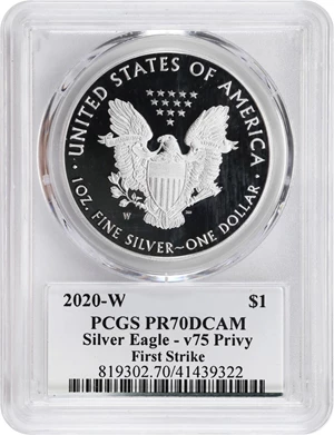 image for: 2020-W Silver Eagle. 75th Anniversary of the End of World War II V75 Privy Mark. First Strike. Proof-70 Deep Cameo (PCGS).