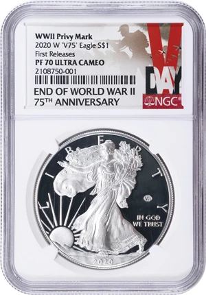 image for: 2020-W Silver Eagle. 75th Anniversary of the End of World War II V75 Privy Mark. First Releases. Proof-70 Ultra Cameo (NGC).