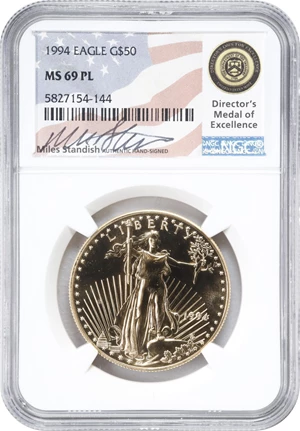 image for: 1994 One-Ounce Gold Eagle. MS-69 PL (NGC). Miles Standish Signature.