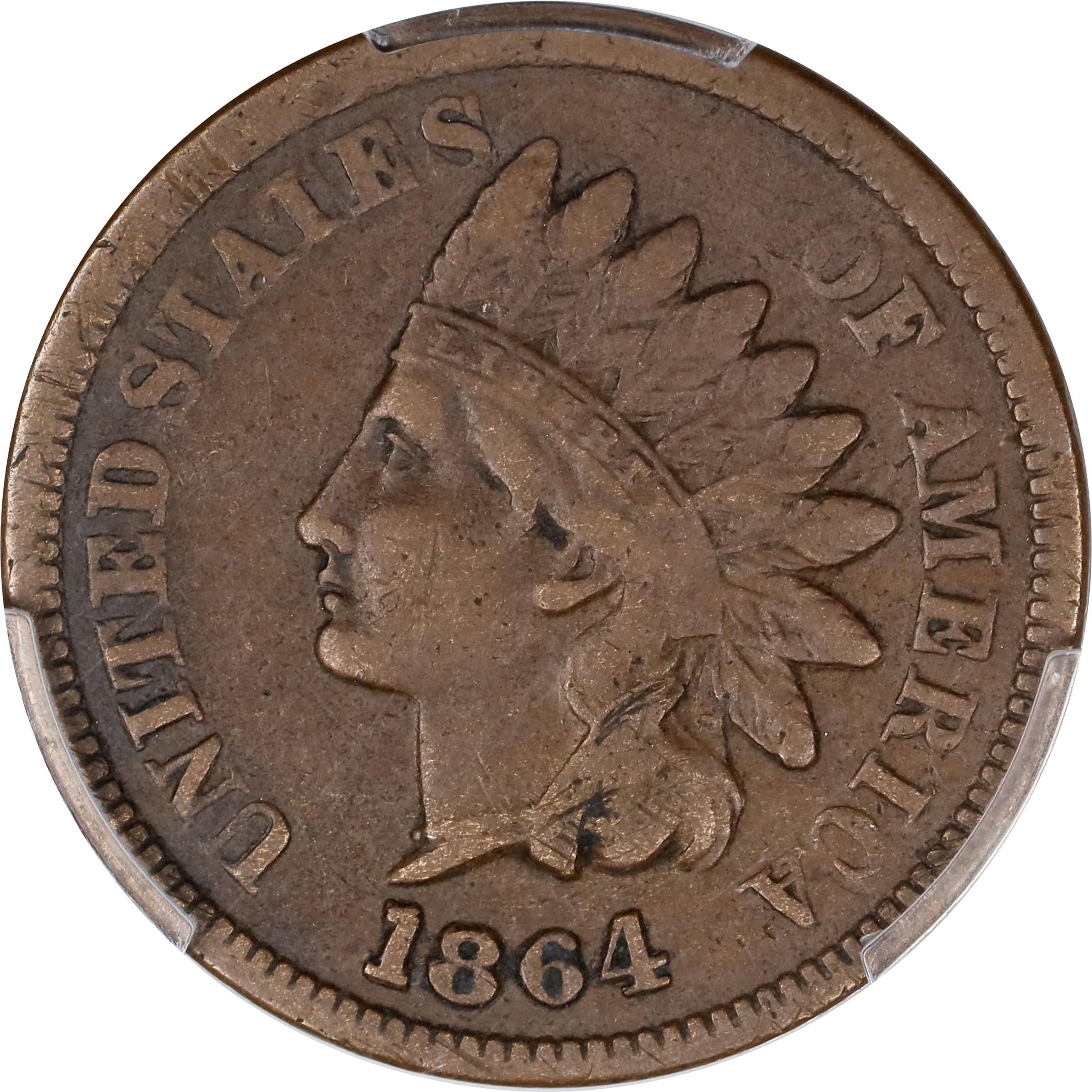 image for: 1864 Indian Cent. Bronze. L on Ribbon. S-3, FS-2302. Repunched Date. Fine-15 (PCGS).