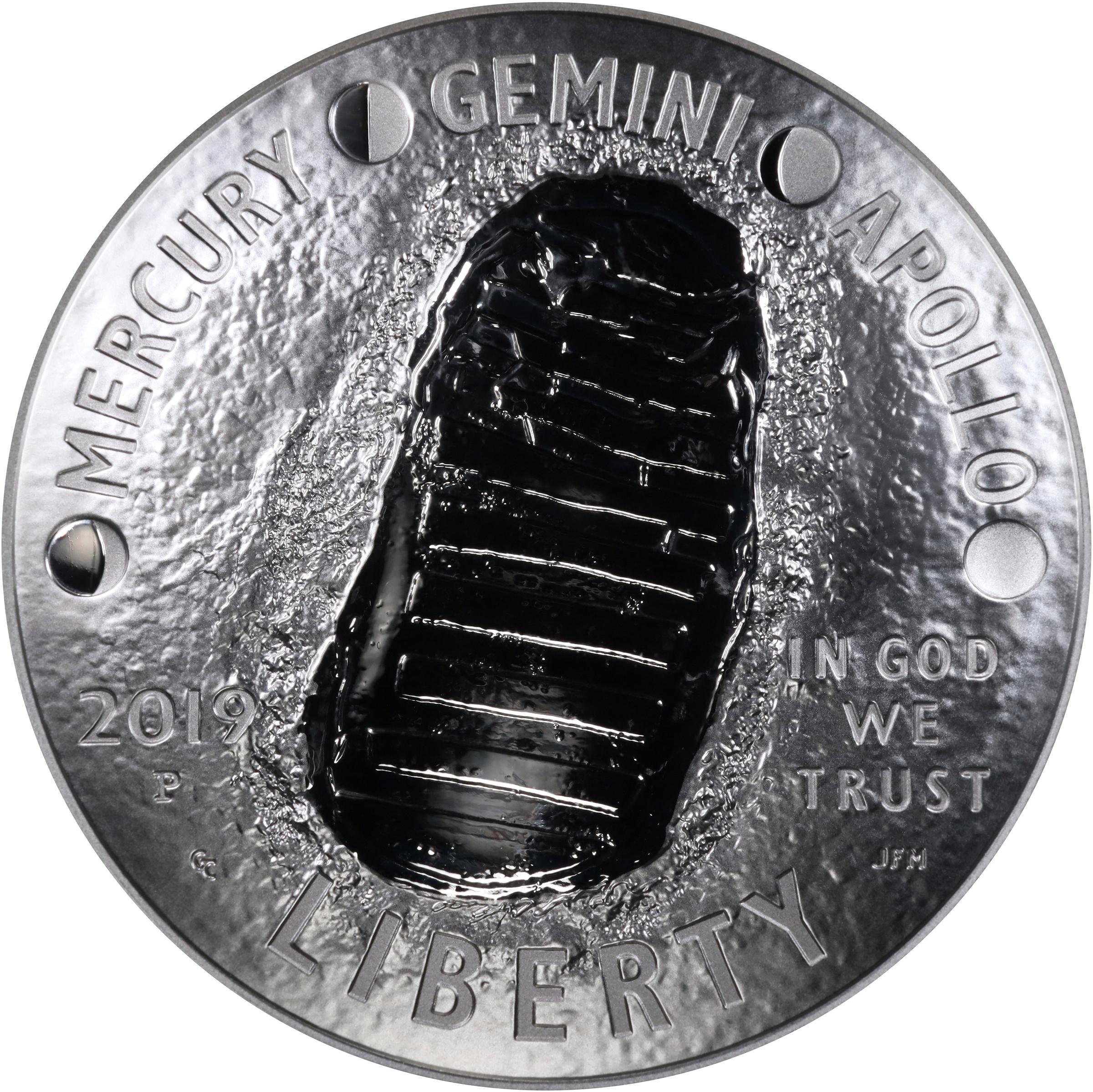 image for: 2019-P Apollo 11 50th Anniversary 5-Ounce Silver Dollar, First Day of Issue, Proof-70 Ultra Cameo (NGC), with Apollo 11 mission patch.