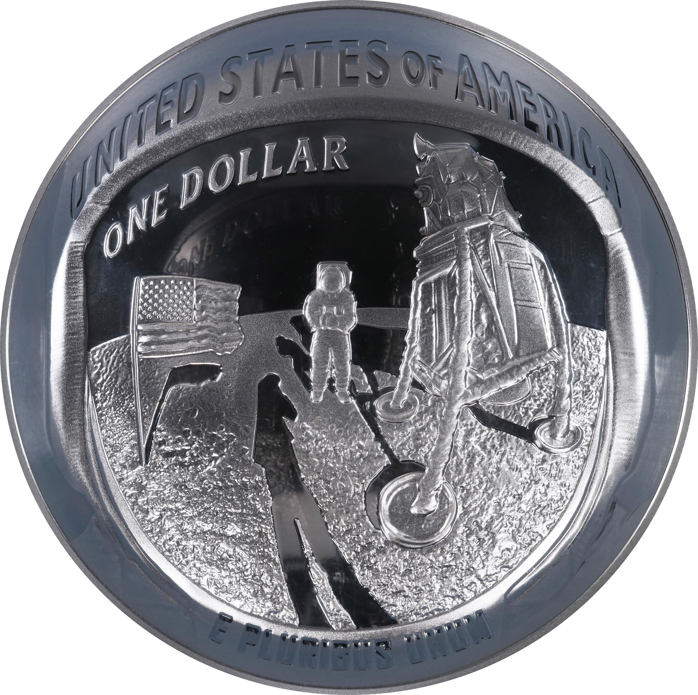 image for: 2019-P Apollo 11 50th Anniversary 5-Ounce Silver Dollar, First Day of Issue, Proof-70 Ultra Cameo (NGC), with Apollo 11 mission patch.
