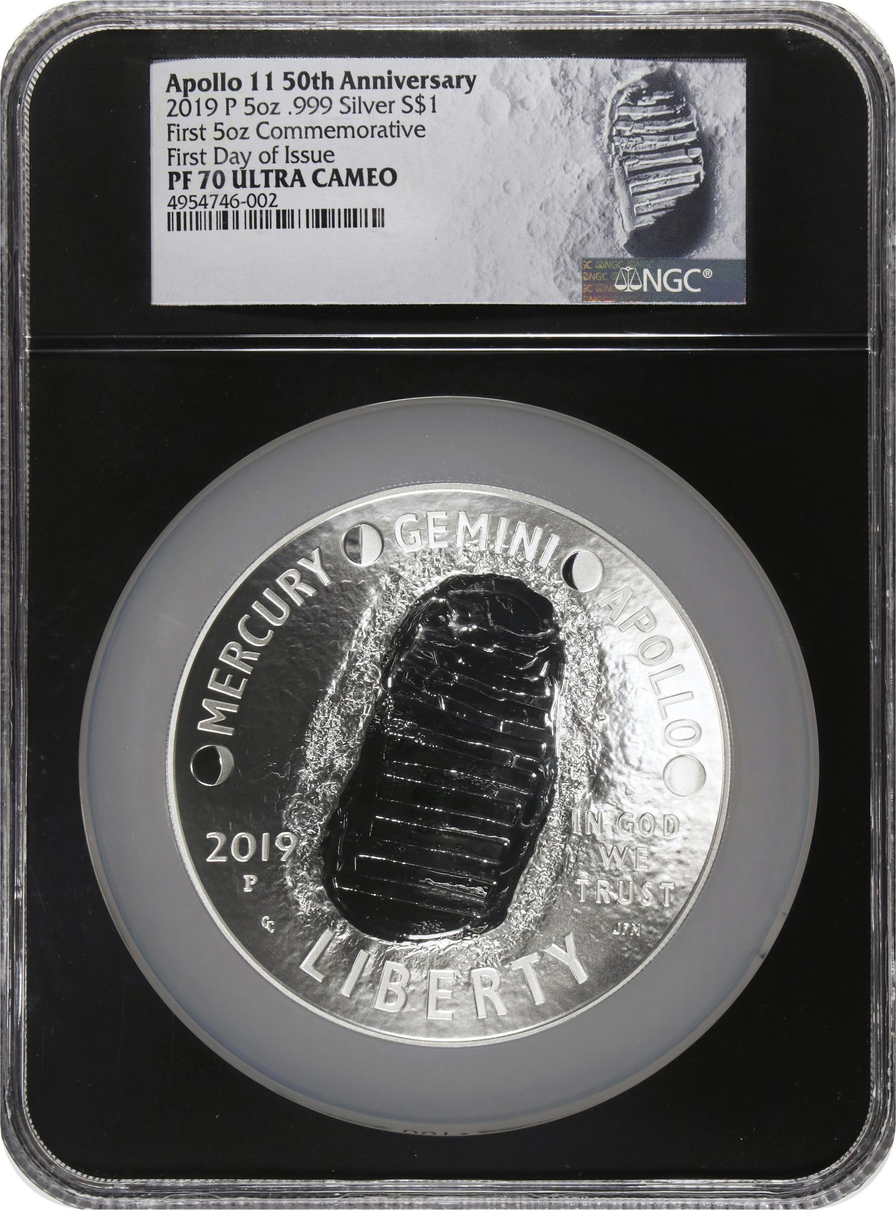 image for: 2019-P Apollo 11 50th Anniversary 5-Ounce Silver Dollar, First Day of Issue, Proof-70 Ultra Cameo (NGC), with Apollo 11 mission patch.