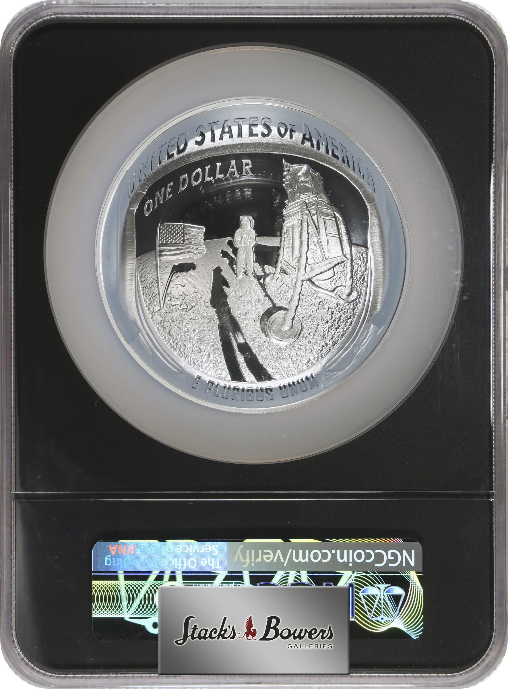 image for: 2019-P Apollo 11 50th Anniversary 5-Ounce Silver Dollar, First Day of Issue, Proof-70 Ultra Cameo (NGC), with Apollo 11 mission patch.