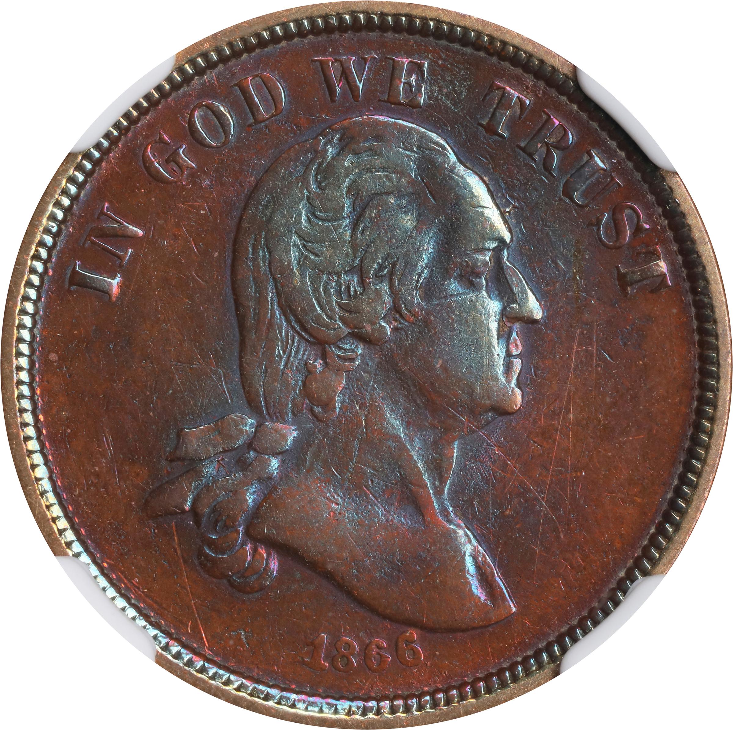 image for: 1866 Pattern Washington Five Cents. Judd-472, Pollock-563, Musante GW-779. Rarity-7-. Copper. Plain Edge. Proof. AU Details--Improperly Cleaned (NGC).