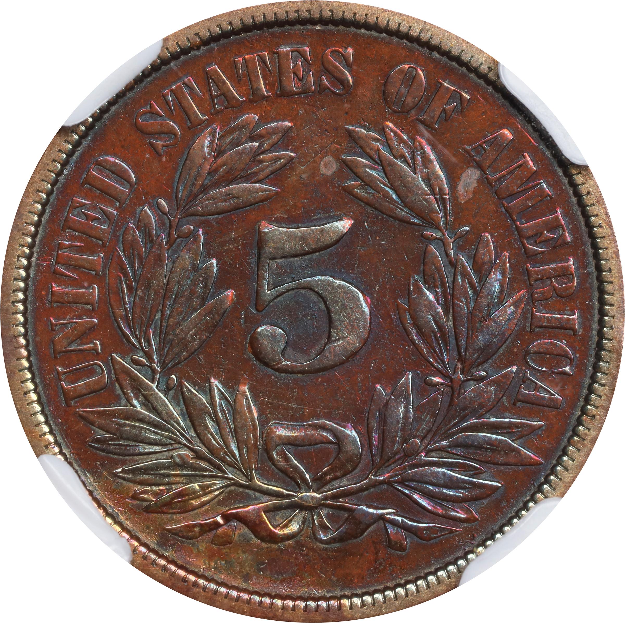 image for: 1866 Pattern Washington Five Cents. Judd-472, Pollock-563, Musante GW-779. Rarity-7-. Copper. Plain Edge. Proof. AU Details--Improperly Cleaned (NGC).