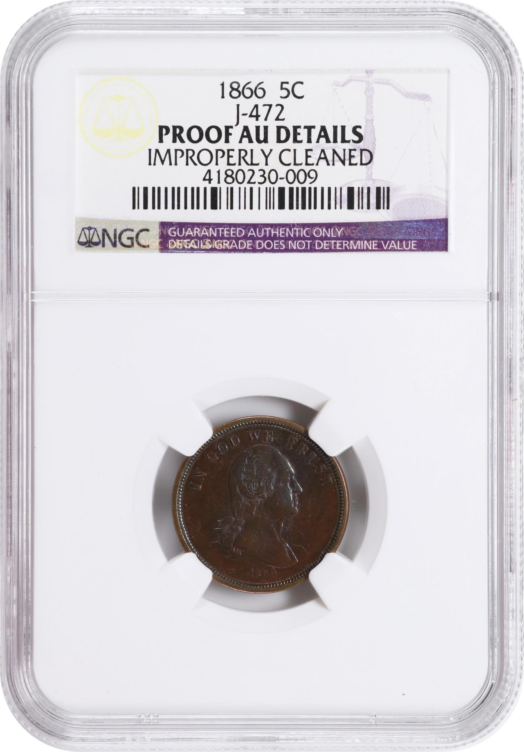 image for: 1866 Pattern Washington Five Cents. Judd-472, Pollock-563, Musante GW-779. Rarity-7-. Copper. Plain Edge. Proof. AU Details--Improperly Cleaned (NGC).