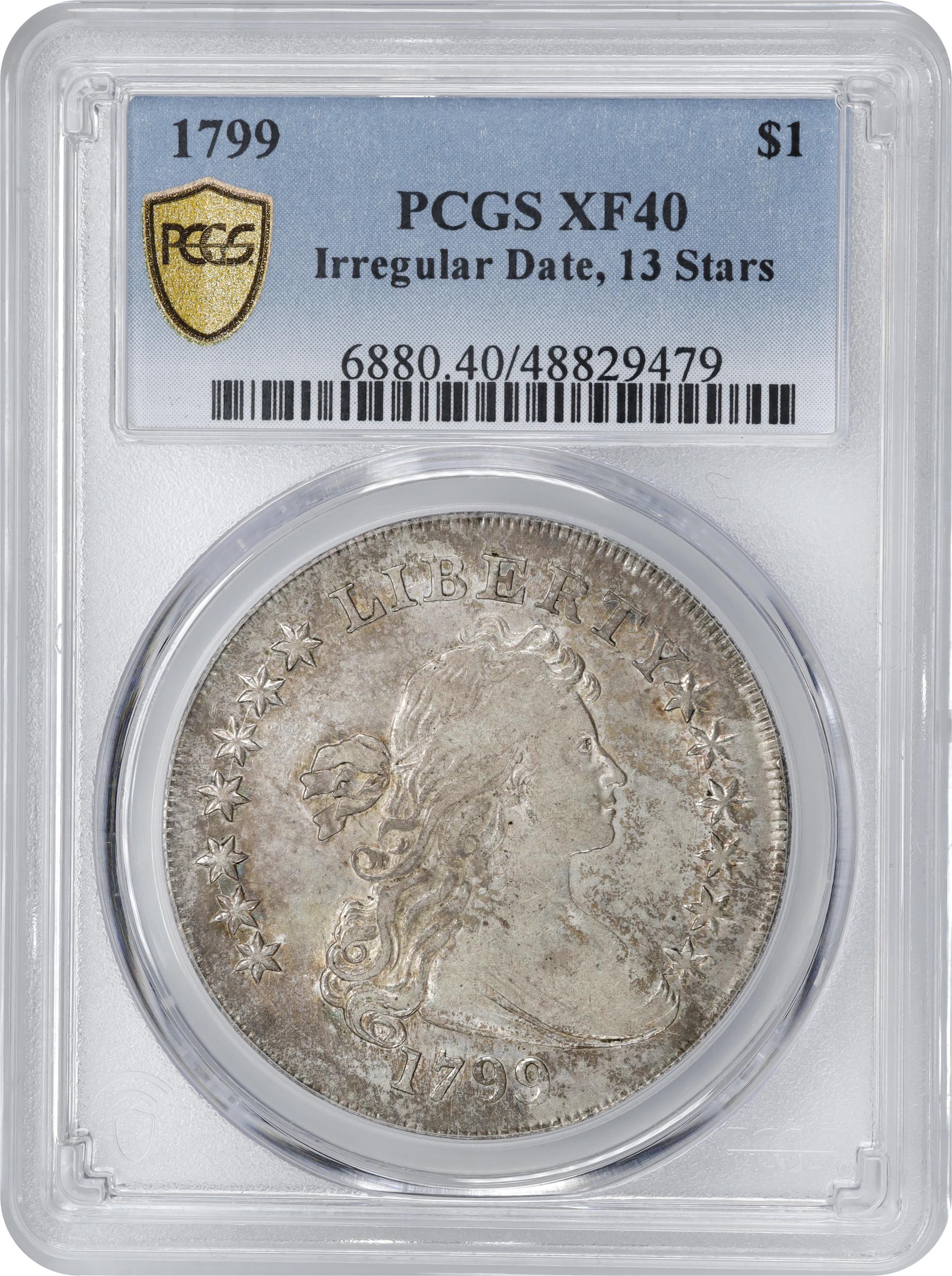 image for: 1799 Draped Bust Silver Dollar. BB-152, B-15a. Rarity-3. Irregular Date, 13-Star Reverse. EF-40 (PCGS).