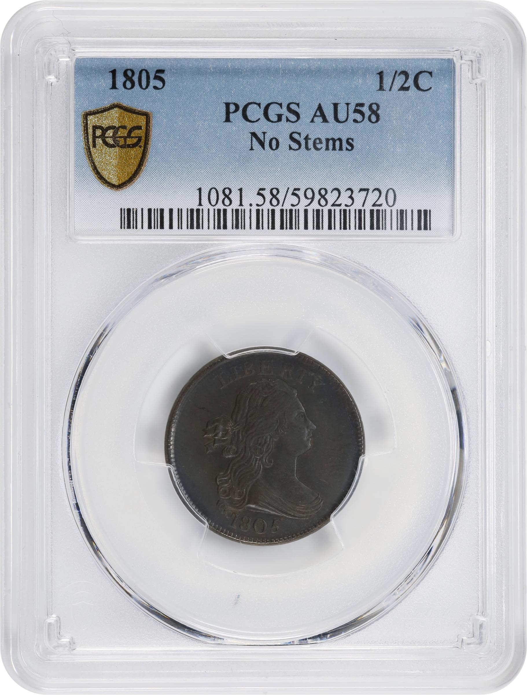 1805 1/2c Small 5, No Stems MS BN AU58 BN CAC thumbnail 3