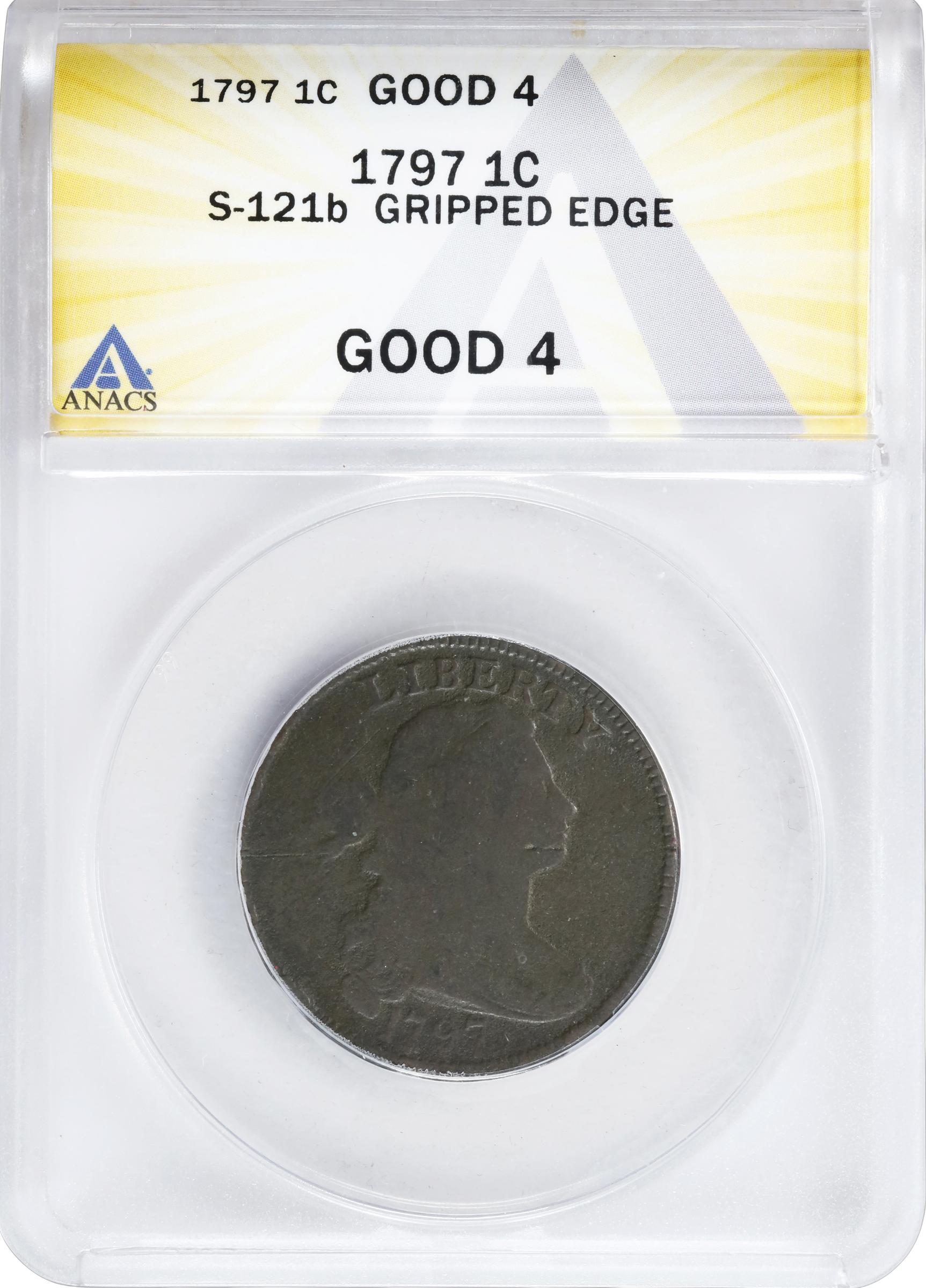 image for: 1797 Draped Bust Cent. S-121B, B-3b. Rarity-3. Reverse of 1795, Gripped Edge. Good-4 (ANACS).