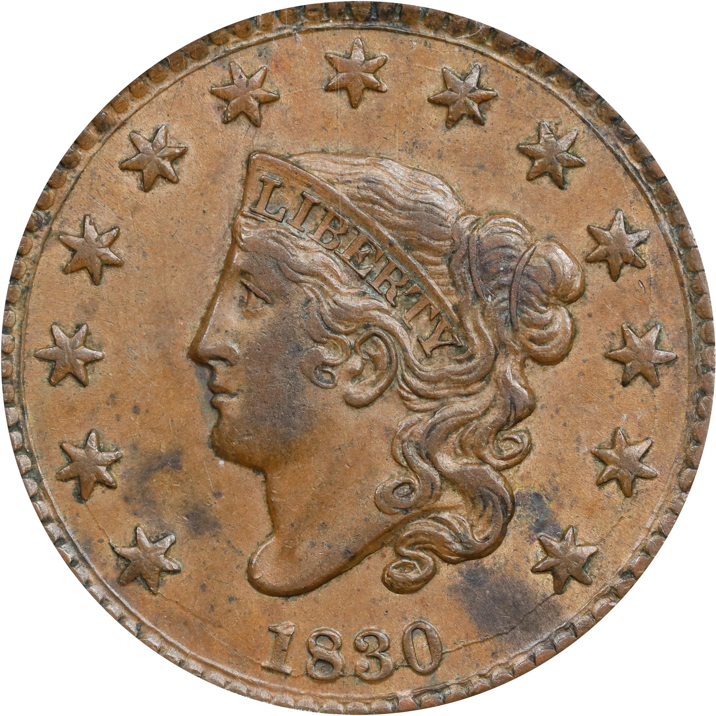 image for: 1830 Matron Head Cent. N-4. Rarity-2. Large Letters. EF-45 (ANACS).